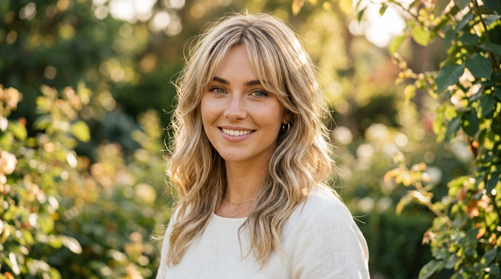 Blonde Dimensional Highlights with Wispy Cheekbone Curtain Bangs